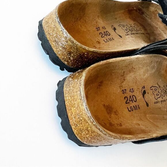 Birkis Metallic Embossed Double Strap Sandals Size 37 EU Cork‎ Sole Comfort Foot - Picture 8 of 16